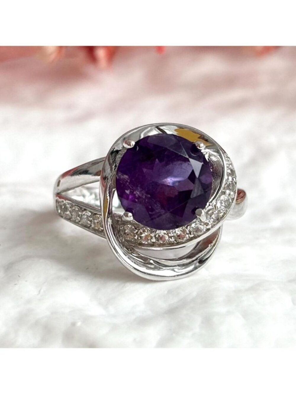 Amethyst Gemstone Swirly Art Nouveau Sterling Silver 925 Vintage Ring - sz 8